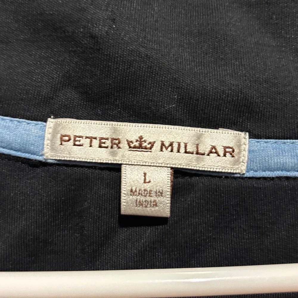 Peter Millar Mens Black Cotton Quarter Zip Pullover Light Blue Trim L Golf Loo